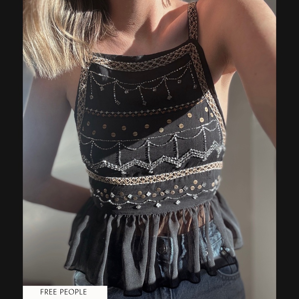 Free People Black Camille Embellished Backless Ruffle Sleeveless Tank Top